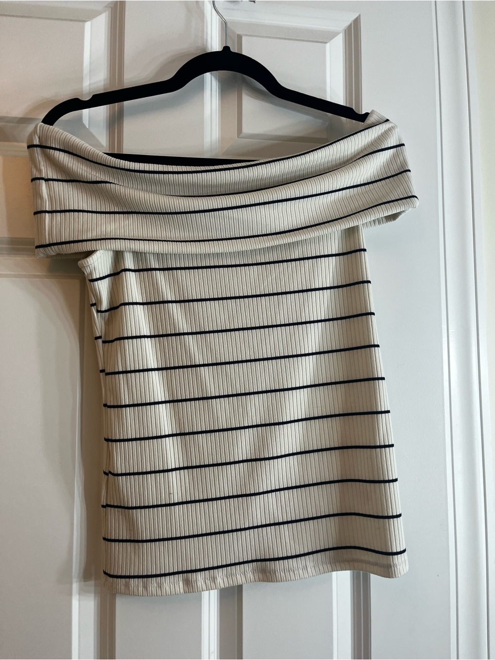a new day Cream and Black Striped Off-Shoulder Crop Top